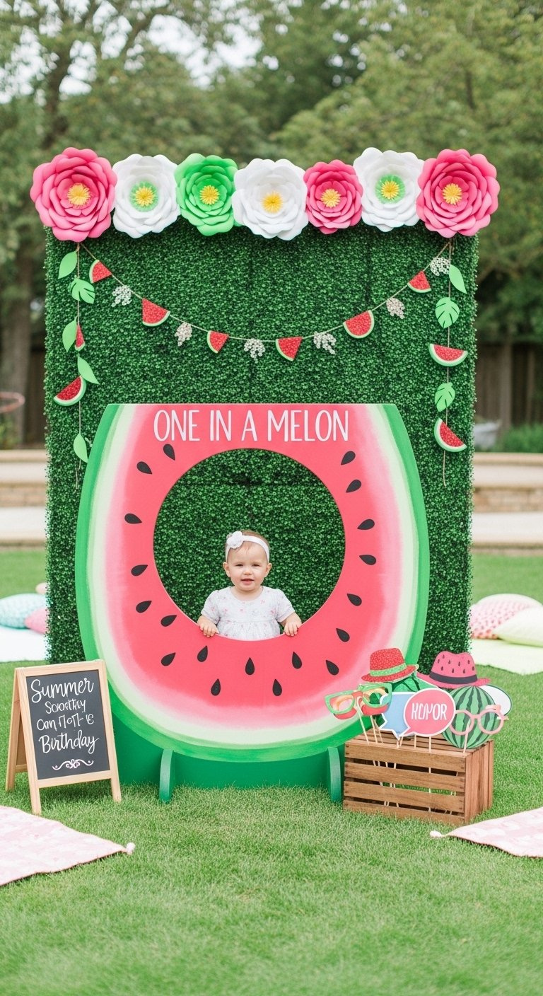 Vibrant Watermelon Photo Booth Frame With Artificial Grass Backdrop And Playful Themed Props.