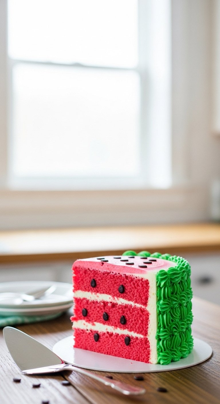 Vibrant Watermelon Smash Cake With Green Rind Frosting And Chocolate Seeds On A Rustic Wooden Table.