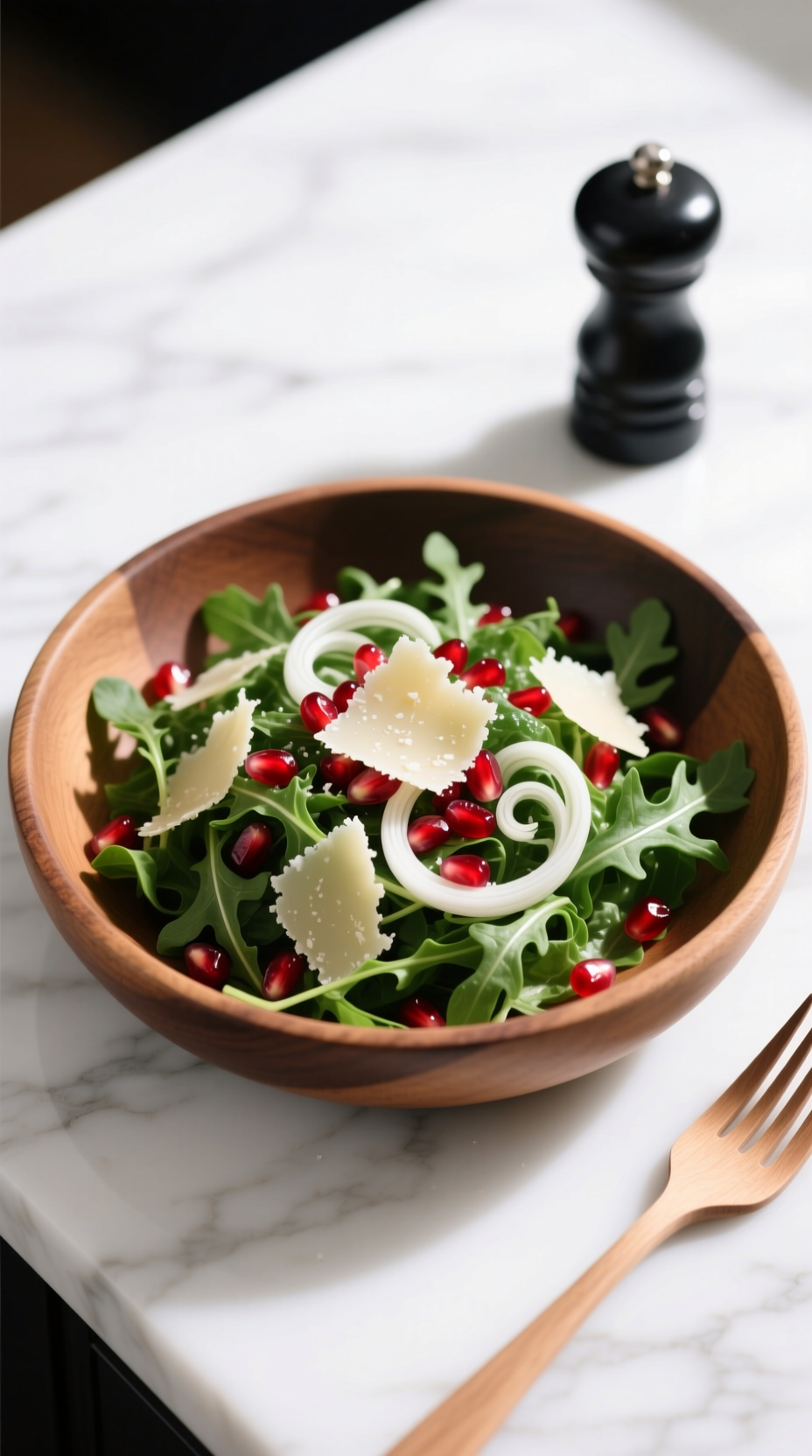Vibrant Winter Salad With Fresh Arugula, Red Pomegranate Seeds, Fennel, And Parmesan Cheese In A Rustic Wooden Bowl.
