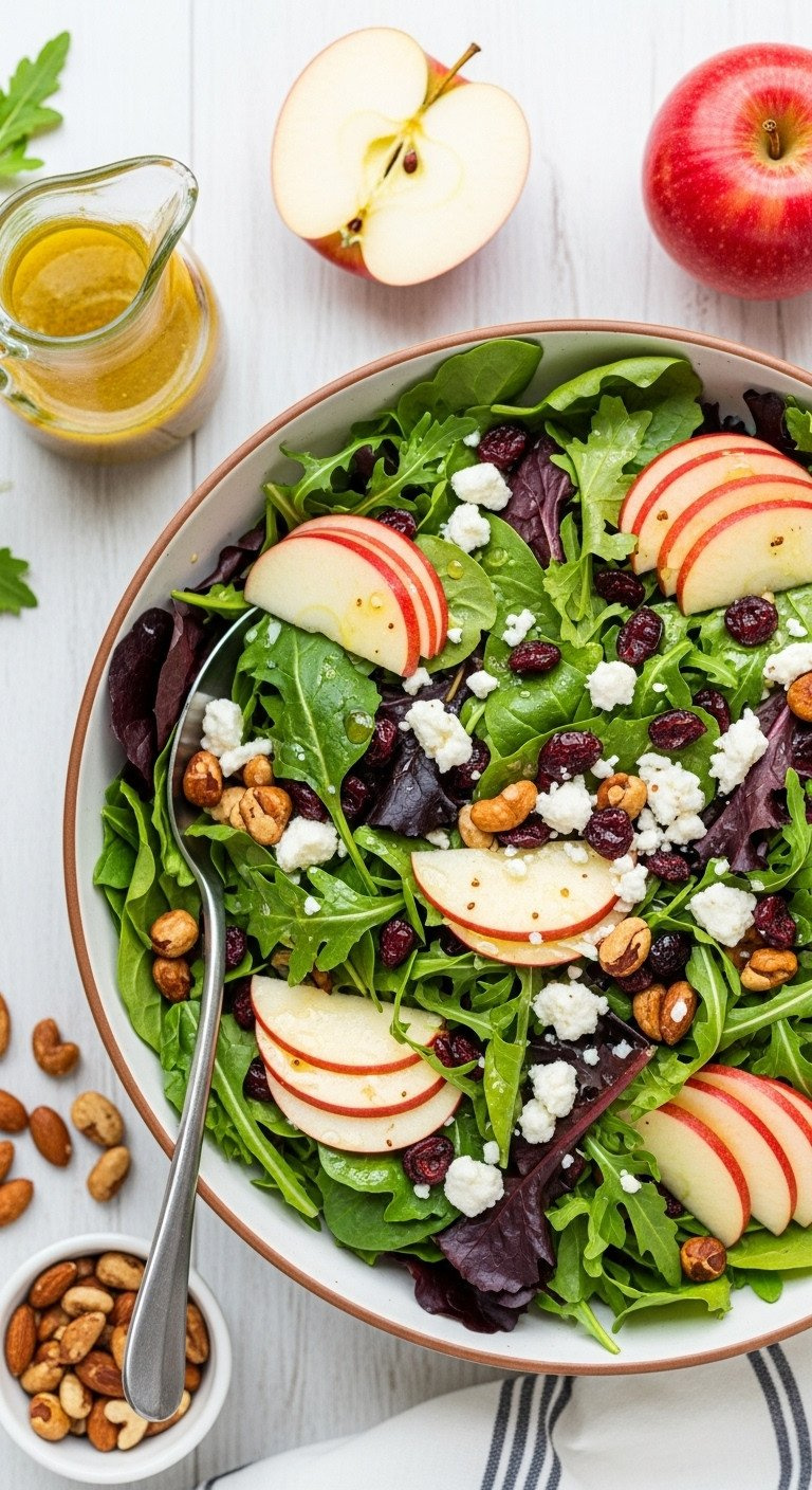Vibrant Winter Salad With Leafy Greens, Cranberries, Feta, Apples, And Candied Nuts, A Healthy Festive Dish.