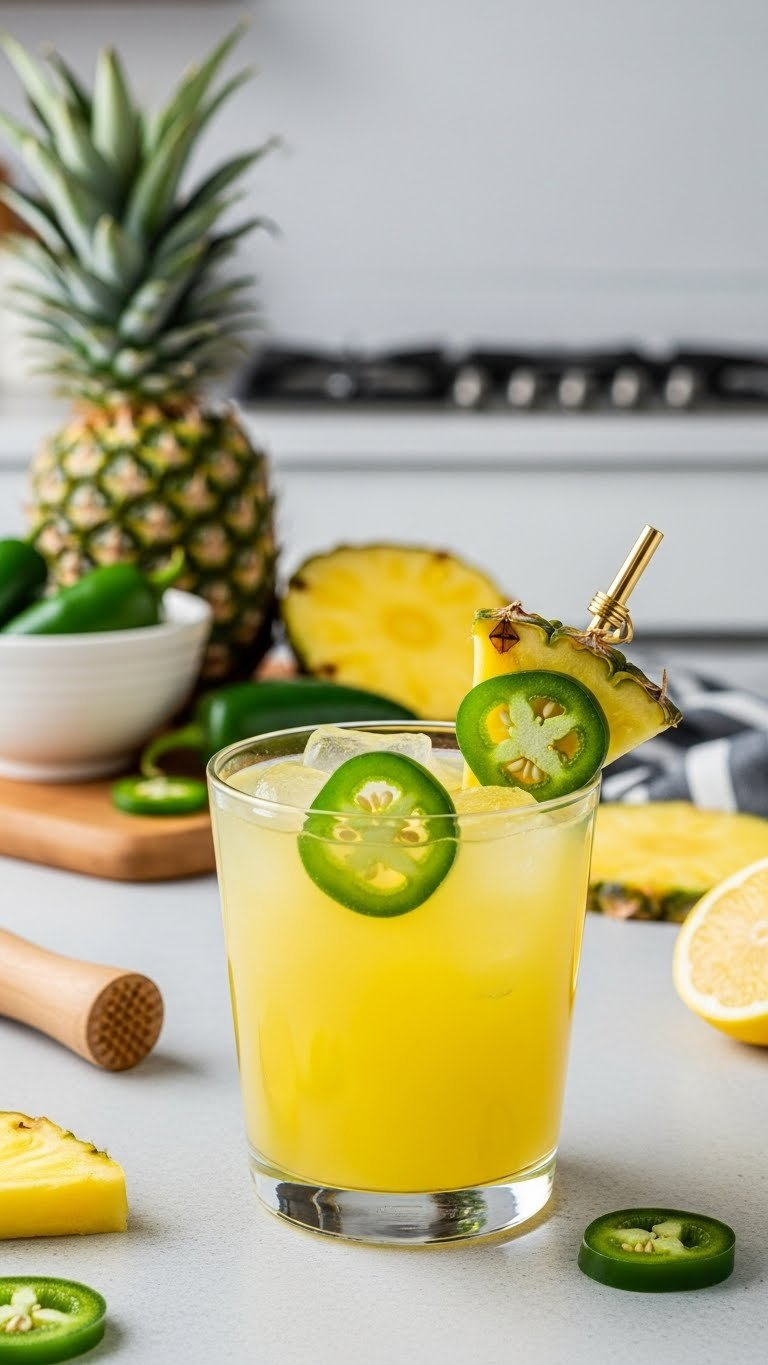 Vibrant Yellow Jalapeño Pineapple Lemonade Garnished With Thin Jalapeño Slices And Pineapple Wedge With Spicy-Sweet Appeal
