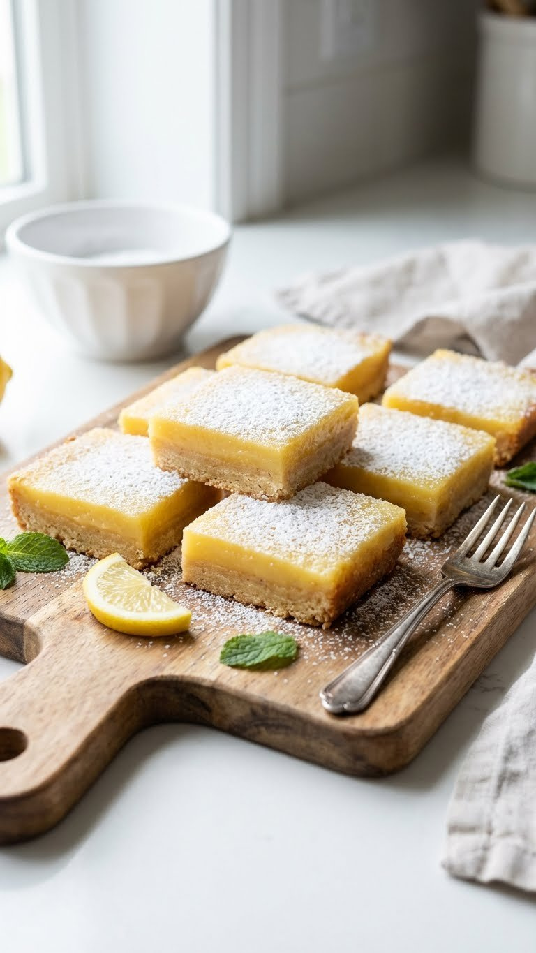 Vibrant Yellow Lemon Bars Dusted With Powdered Sugar, Showcasing A Buttery Shortbread Crust On A Rustic Wooden Table.