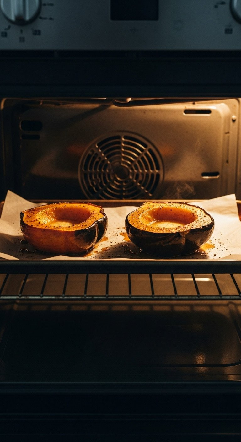 View From Inside An Oven Of Acorn Squash Halves Roasting On A Baking Sheet Until Deeply Caramelized, Golden Brown, And Bubbling.