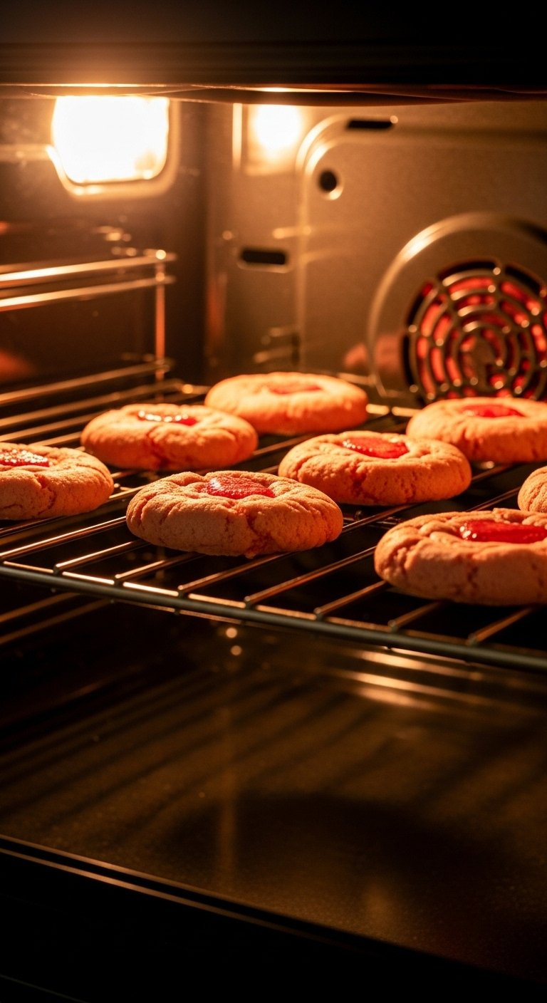 View Through Oven Door Of Golden Brown Strawberry Crunch Cookies Baking On A Rack Under Warm Light.
