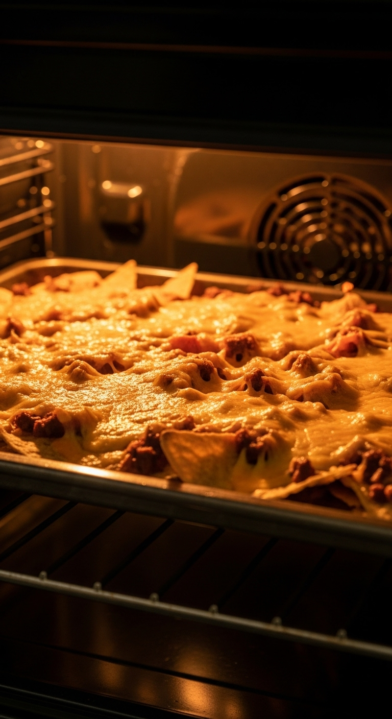 View Through Oven Door Showing A Sheet Pan Of Loaded Beef Nachos With Golden, Bubbly, Melted Cheese Under Warm Glowing Oven Light, Highlighting The Irresistible Texture And Cheesy Goodness