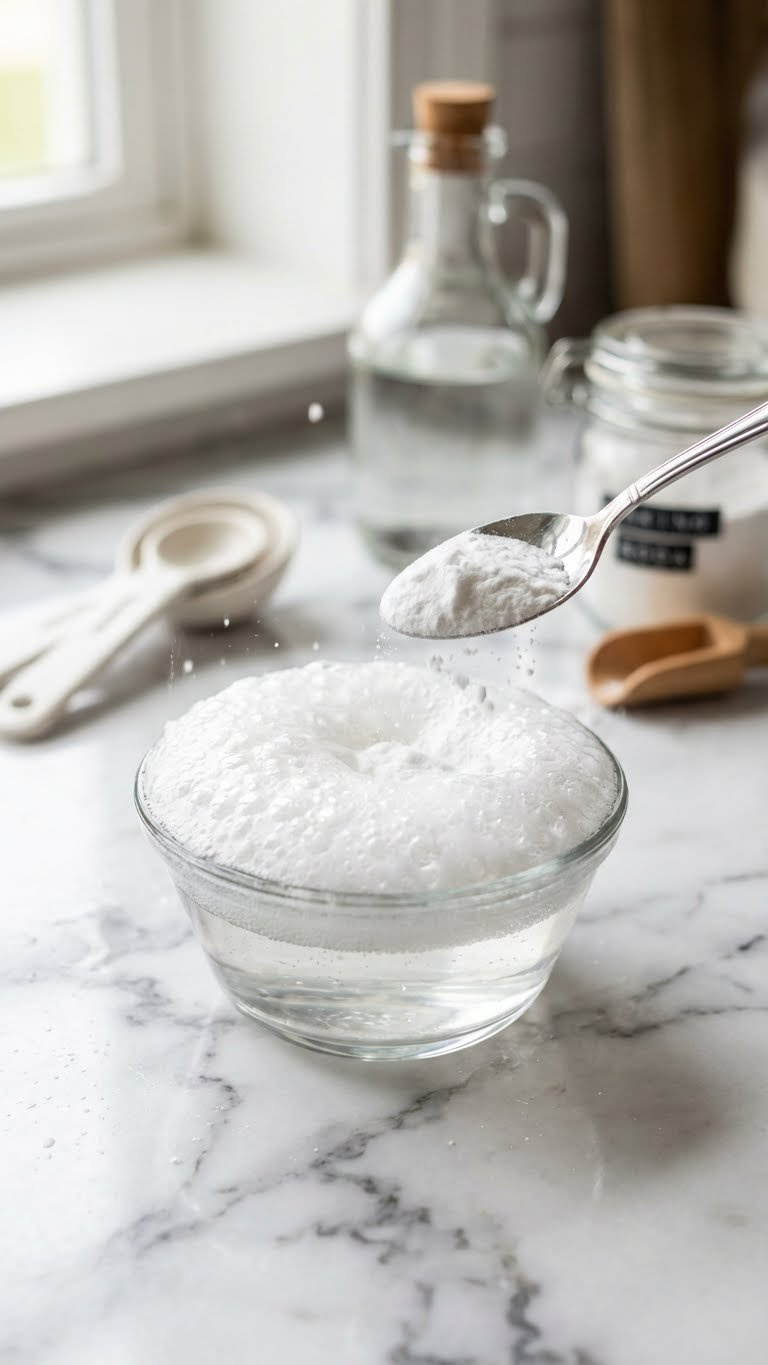 Vigorous Chemical Leavening Reaction: Baking Soda Dropped Into Vinegar, Bubbling In A Glass Bowl On Marble. Natural Rising Agent.