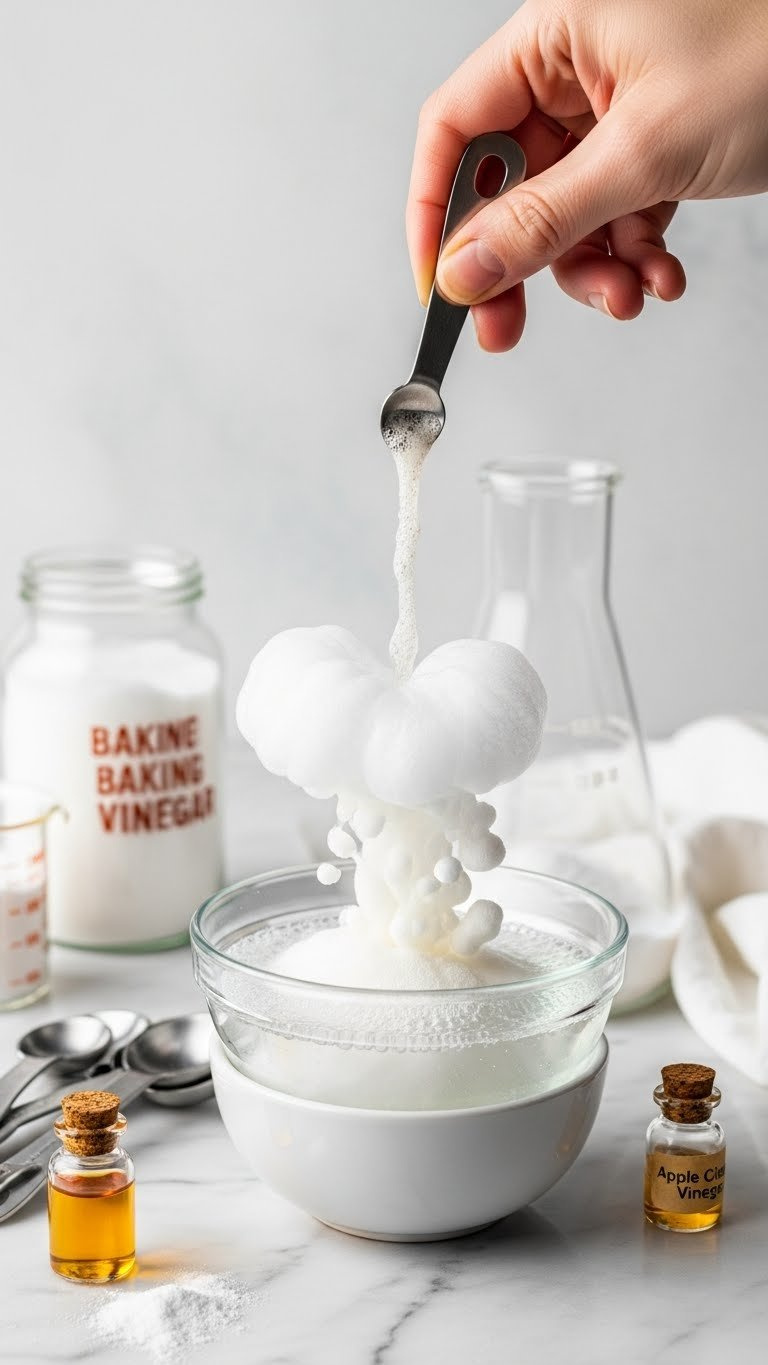 Vinegar And Baking Soda Fizzing Reaction In A Glass Bowl On A Marble Countertop, Creating An Effervescent Baking Science Moment.