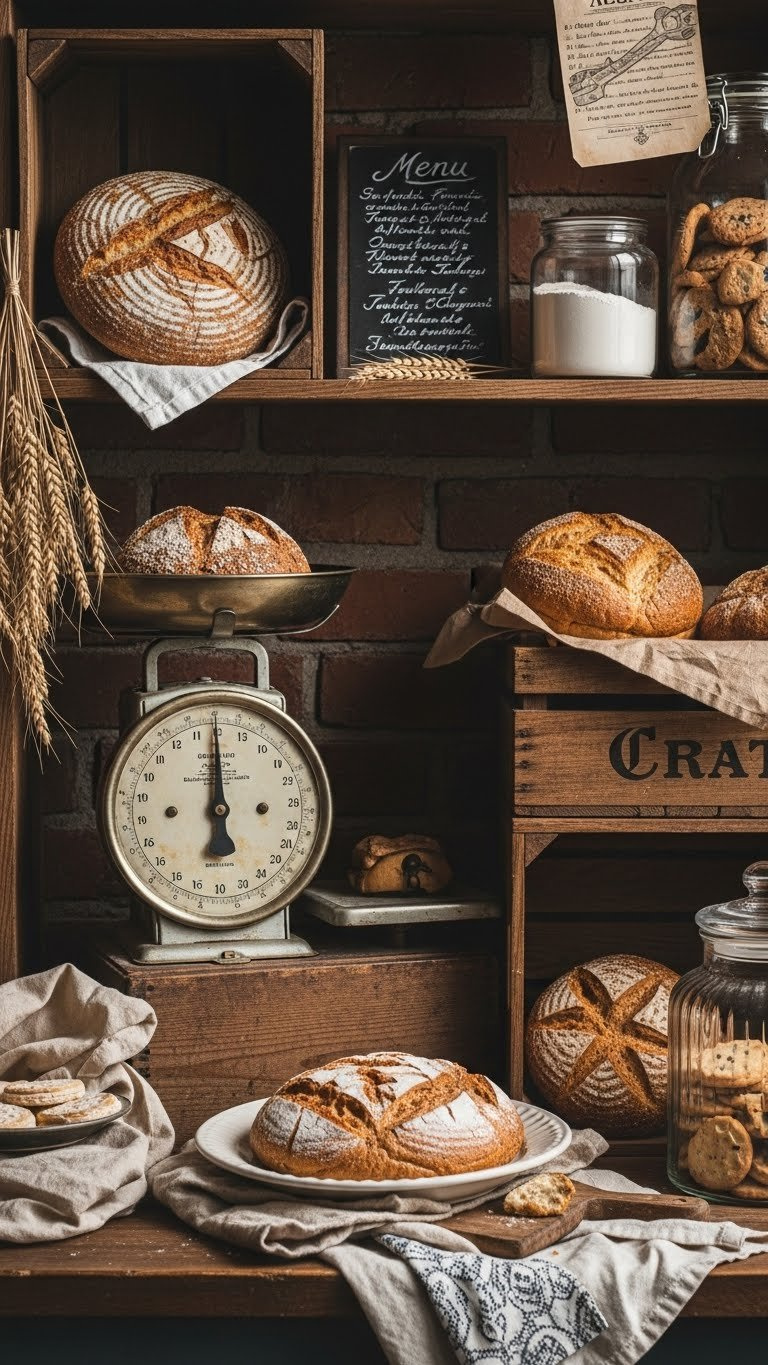 Vintage Bakery Scene With Freshly Baked Bread And Antique Wooden Crates On Rustic Wooden Display Shelf