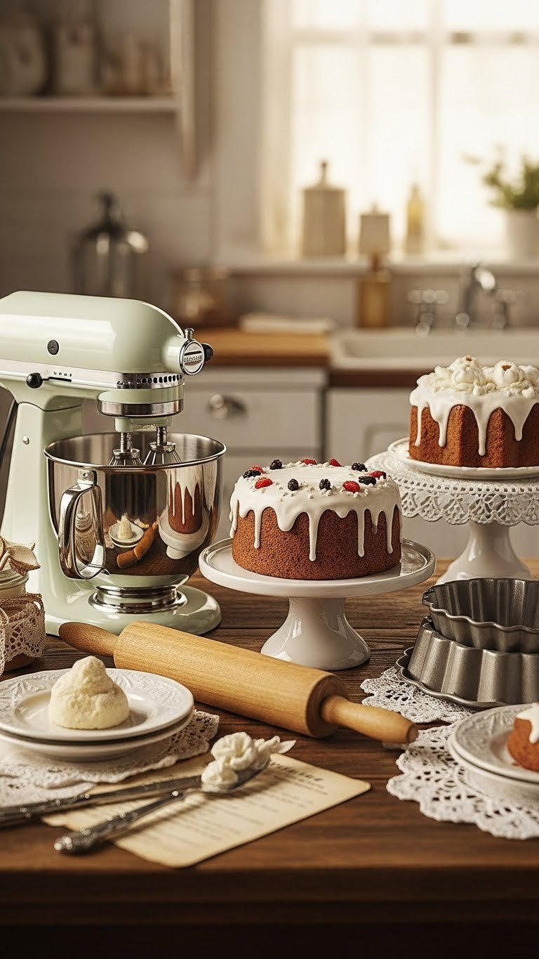 Vintage Baking Clipart Showing Antique Stand Mixer And Traditional Cake With Muted Sepia Tones On Rustic Wooden Table