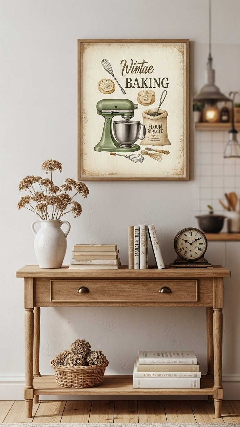 Vintage Baking Illustration Wall Art In Distressed Frame Above Rustic Wooden Console Table Decor