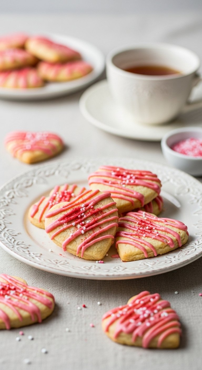 Vintage Ceramic Plate Holding Finished Heart Shaped Strawberry Shortbread Cookies Drizzled With Pink Glaze And Sprinkles.