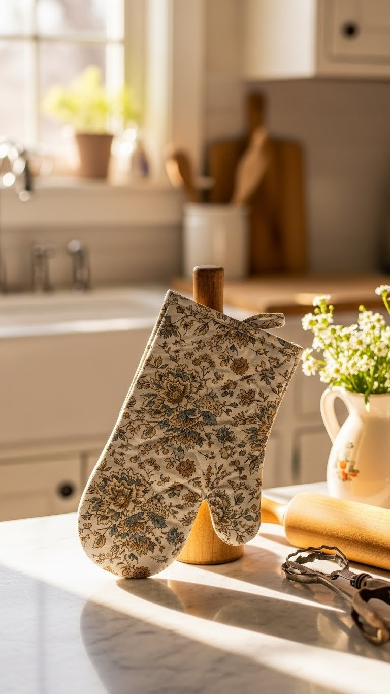 Vintage Floral Quilted Oven Mitts Draped Over A Wooden Rolling Pin On Sunlit Marble Countertop With Antique Baking Tools