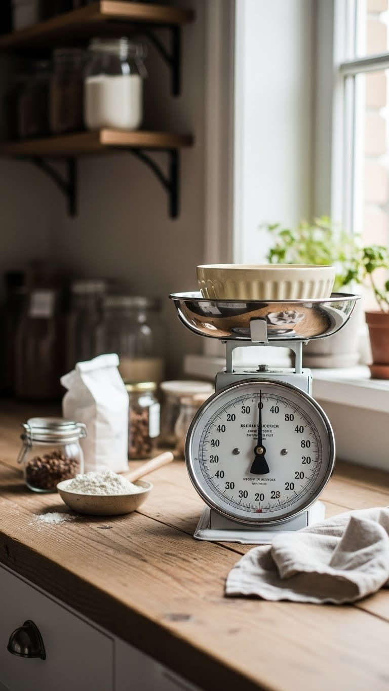 Vintage Kitchen Scale With Bowl On Reclaimed Wooden Countertop With Ingredient Jars