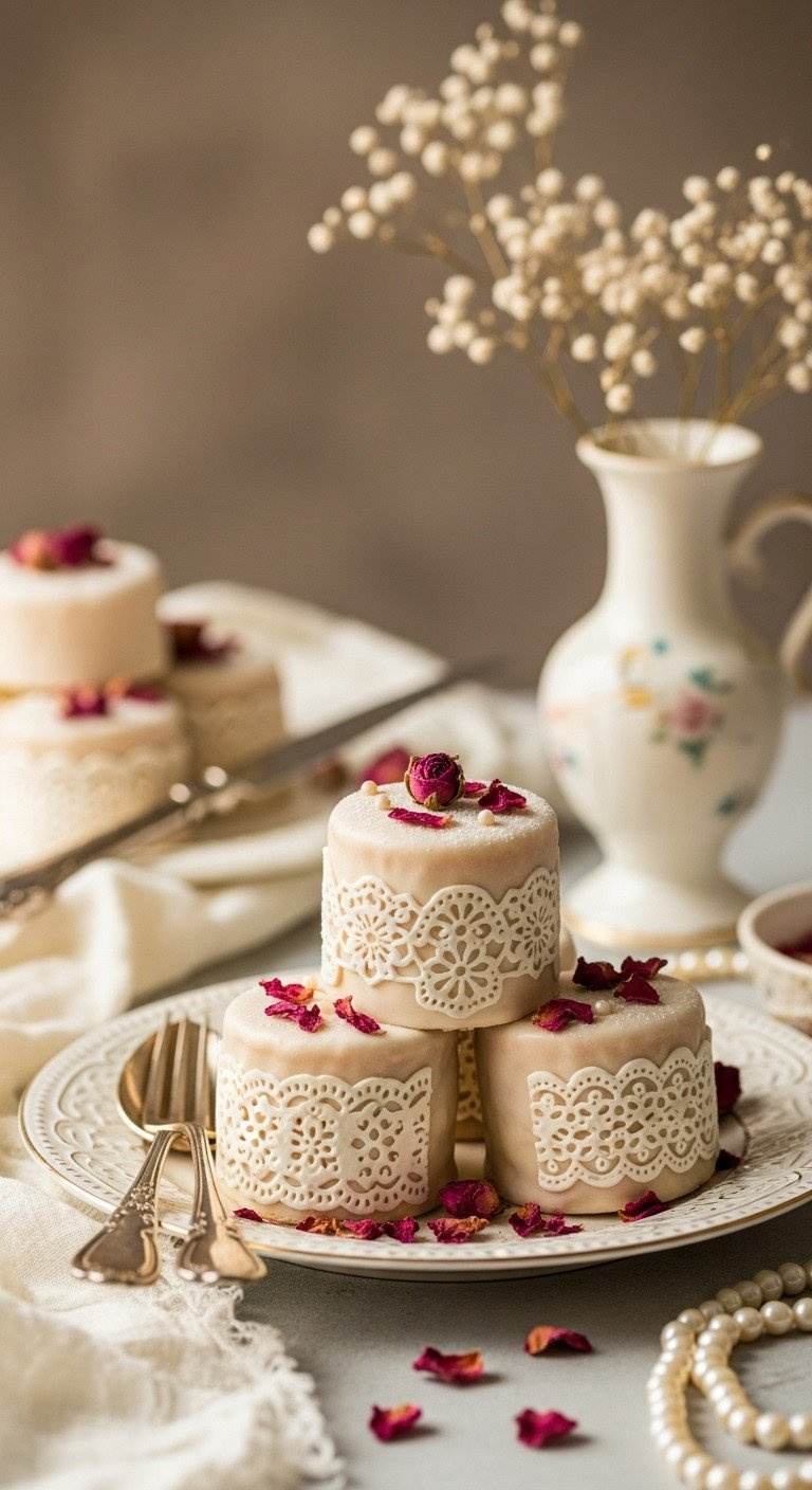 Vintage Mini Cake With Ivory Frosting, Intricate Stenciled Lace, And Deep Pink Edible Rose Petals On A Porcelain Plate.