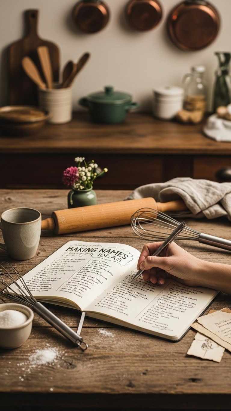 Vintage Notebook Open With Baking Business Name Ideas Surrounded By Rolling Pin And Flour-Dusted Whisk On Wooden Table
