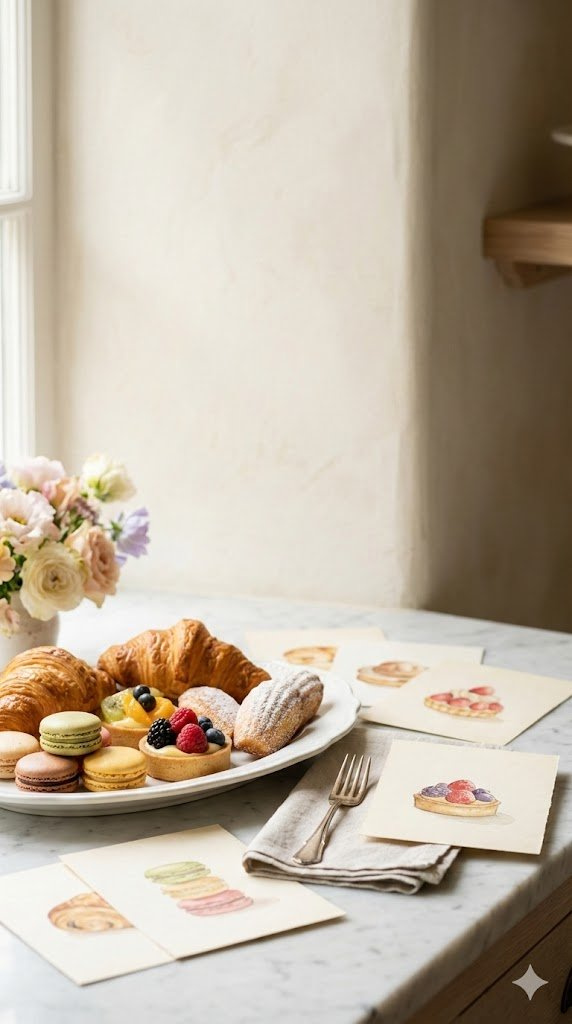Vintage Pastry Illustrations Surrounding French Pastries On Marble Countertop With Linen Napkins And Silverware.