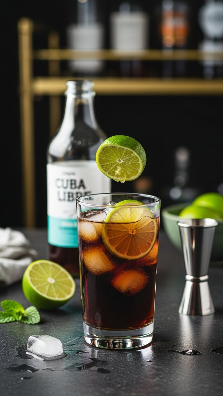 Virgin Cuba Libre Mocktail Featuring Dark Cola, Lime Wedge, And Non-Alcoholic Rum Bottle In Highball Glass On Dark Stone Surface