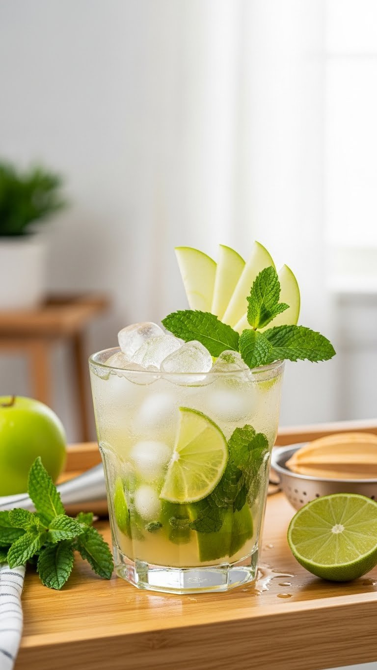 Virgin Apple Mojito Fusion In Classic Glass With Mint Leaves, Lime Wedges, And Green Apple Slices On Wooden Bar Cart