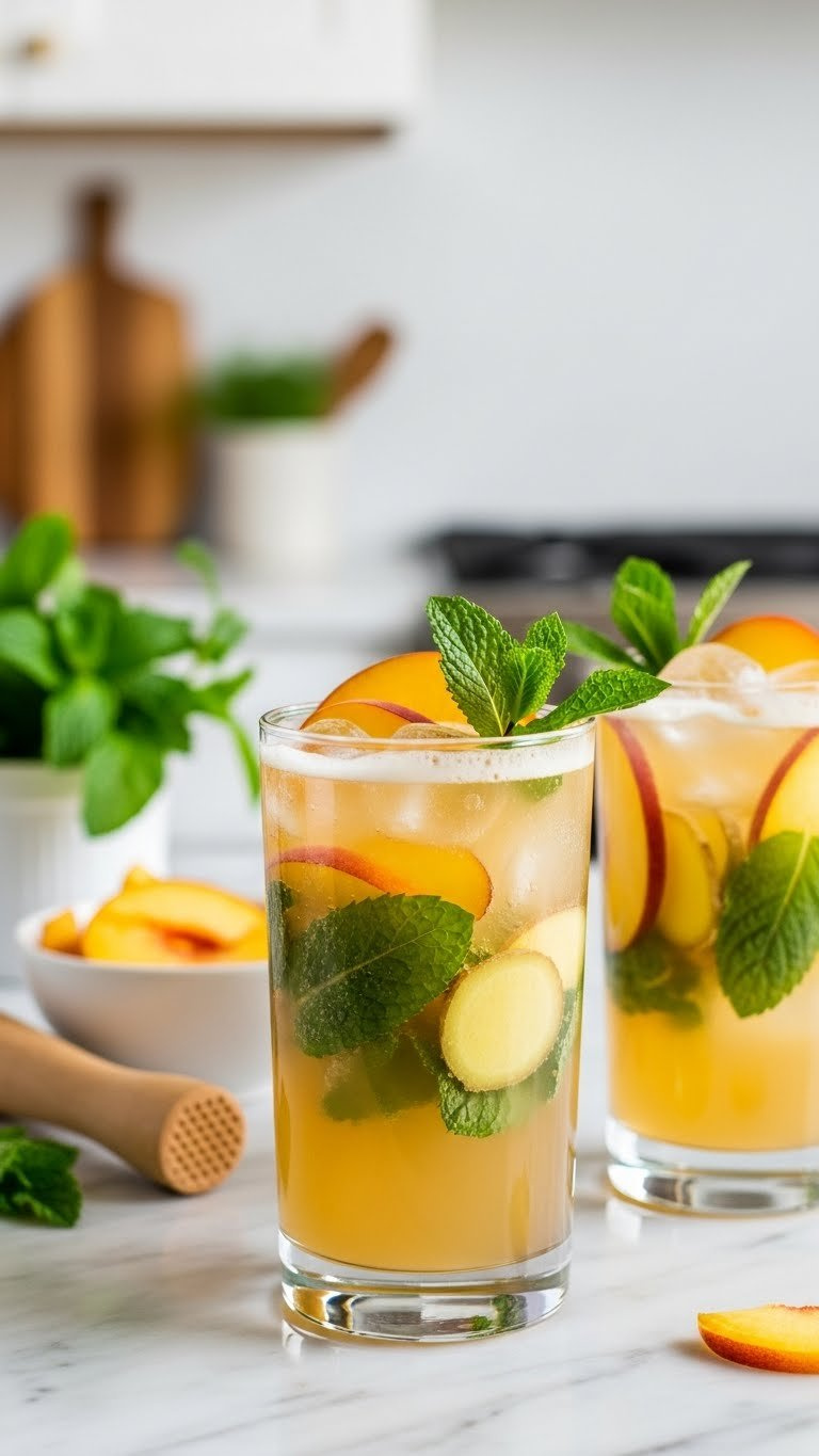 Virgin Peach Ginger Mojitos In Tall Glasses With Fresh Peach Slices, Mint Leaves, And Ginger On Marble Countertop