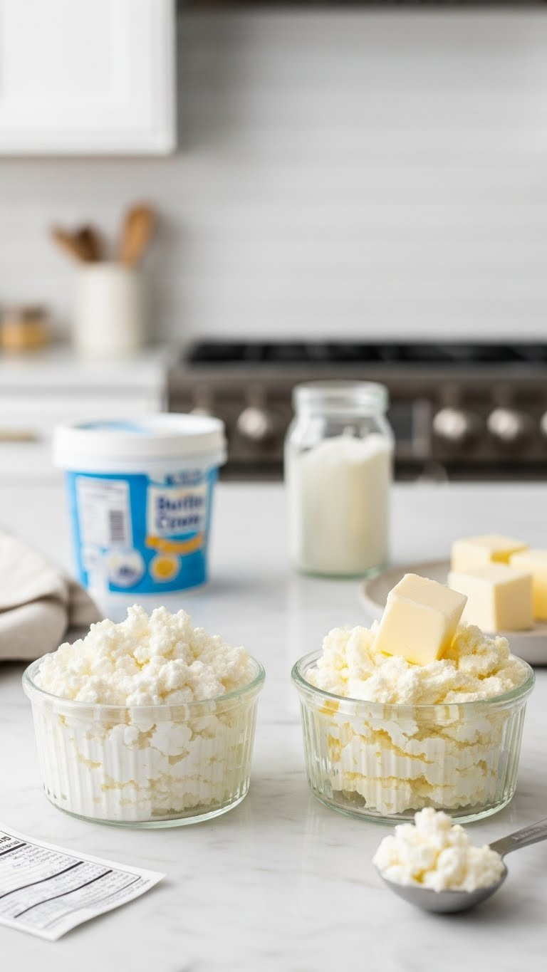 Visual Comparison Of Creamy Cottage Cheese Versus Butter Or Cream Cheese In Glass Ramekins For Baking