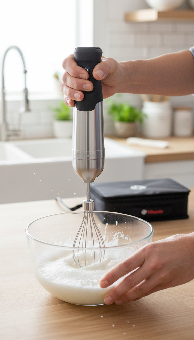 A Photo Showing The Vitamix Immersion Blender Next To A Pot Of Soup, A Glass With A Smoothie, And A Stopwatch, Demonstrating The Testing Setup.