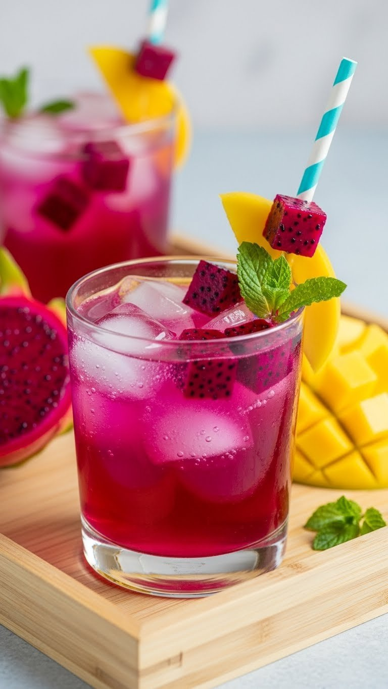 Vivid Mango Dragonfruit Lemonade Sparkler In Clear Tumbler With Dragonfruit Cubes And Mango Slices On Wooden Tray