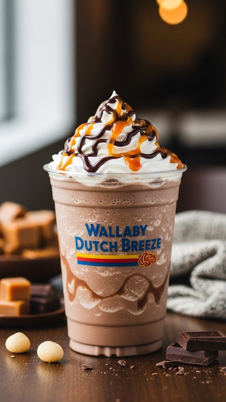 Wallaby Dutch Freeze With Caramel Chocolate Swirls And Whipped Cream Topping On Dark Wooden Surface
