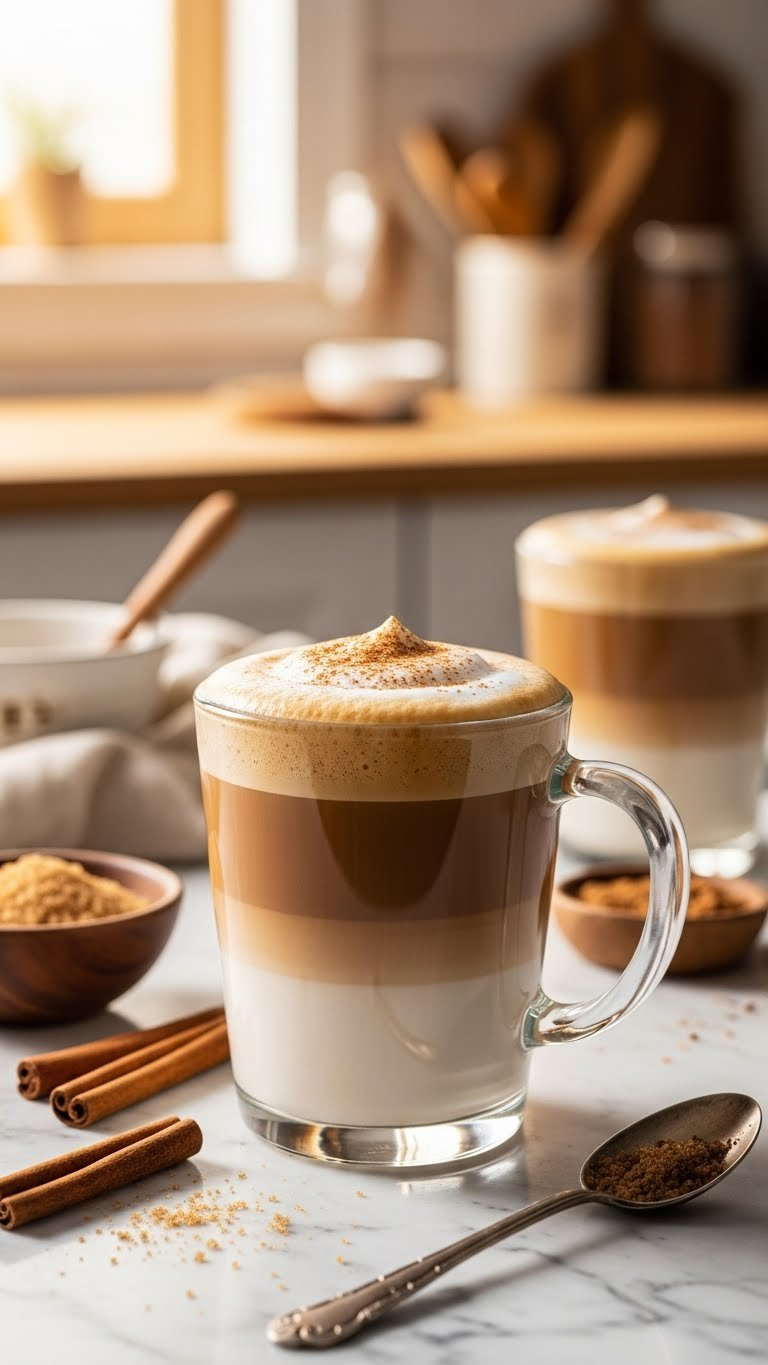 Warm Brown Sugar Cinnamon Latte In Clear Glass Mug With Frothy Milk Foam On Marble Countertop In Golden Hour Lighting