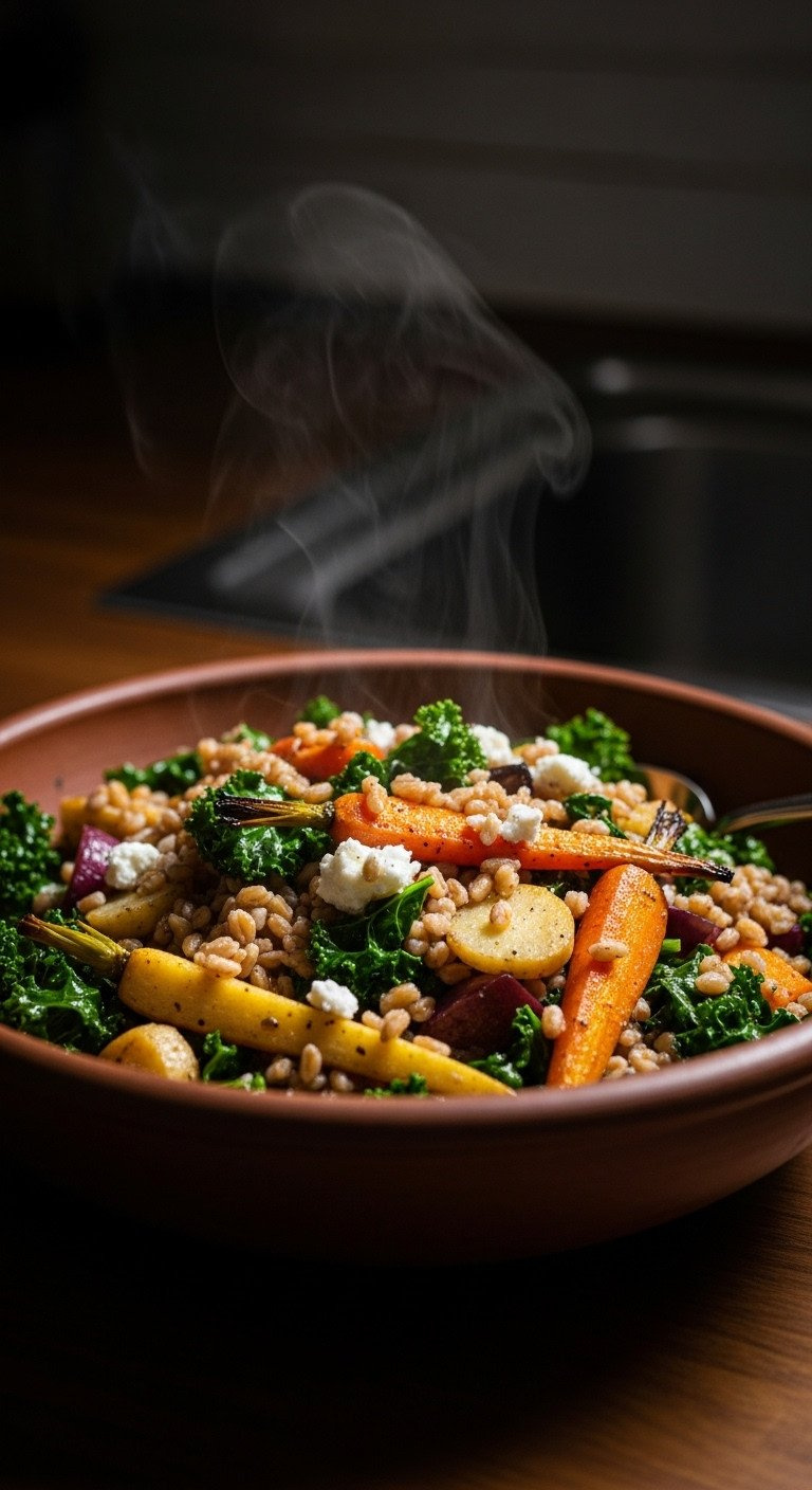 Warm Farro Salad: Farro, Roasted Root Vegetables, Wilted Kale, Goat Cheese In Earthenware Bowl On Dark Wood. Cozy.