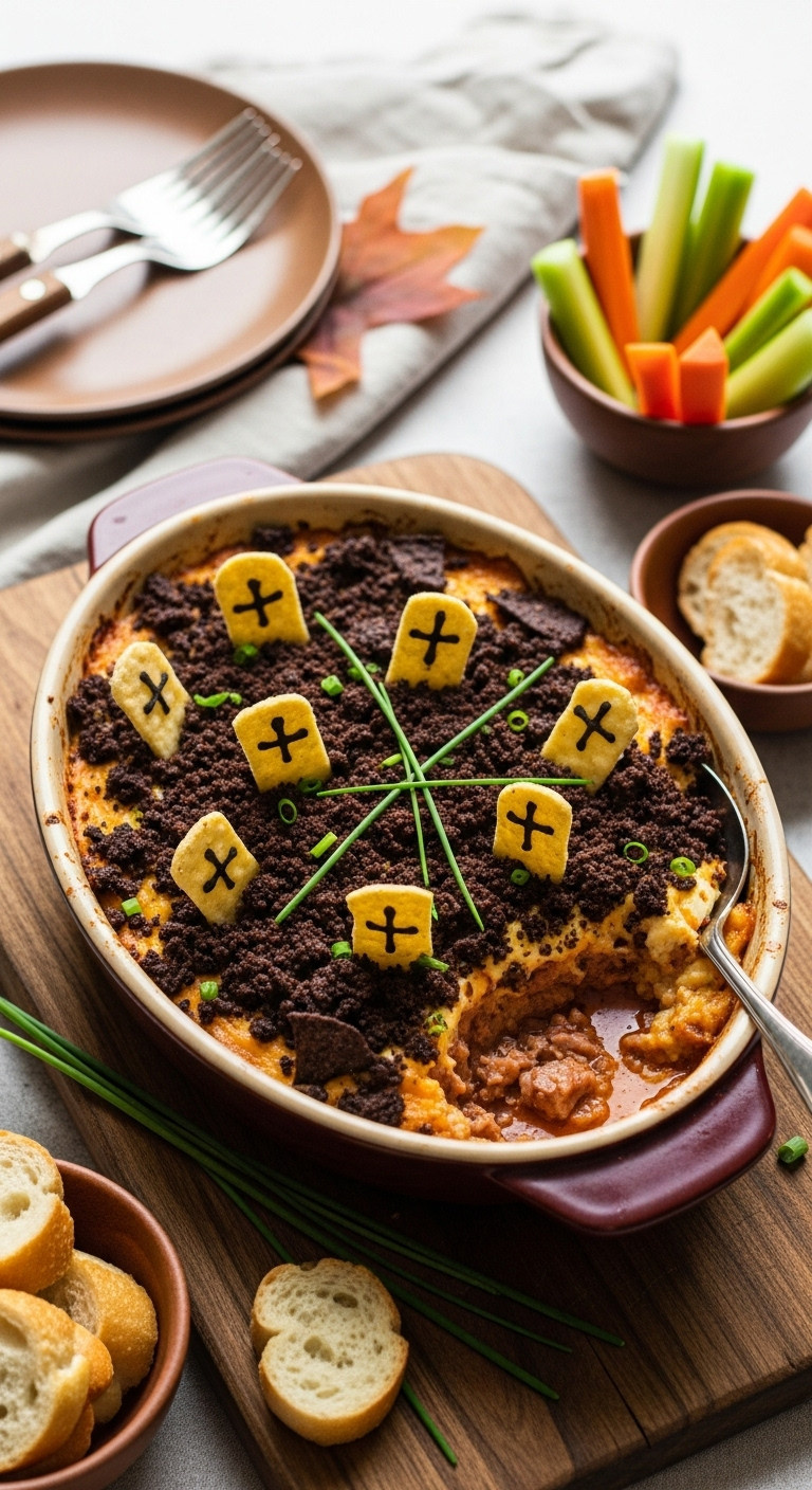Warm Ghoulish Graveyard Sausage Dip In Ceramic, Dark Tortilla Chips, Gravestone Chips, Chive Grass, Rustic Board, Dippers.