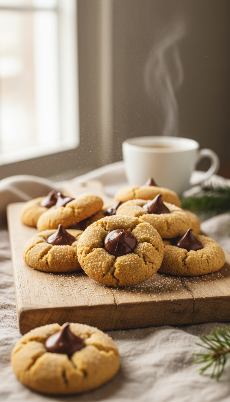 Warm Gluten-Free Peanut Butter Blossoms With Chocolate Kisses, Dusted With Sugar, On A Wooden Board. Perfect Holiday Cookies.