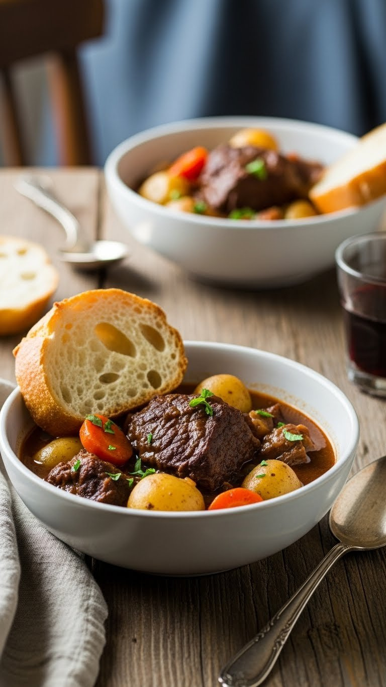 Warm Instant Pot Beef Stew With Tender Beef, Vibrant Vegetables, Served In A Ceramic Bowl Alongside Crusty Bread.