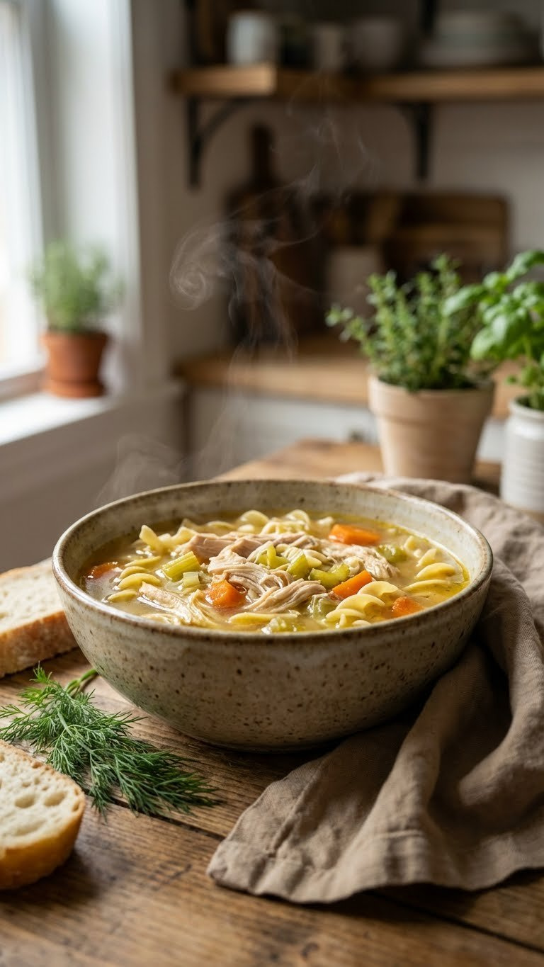 Warm Instant Pot Chicken Soup With Rich Golden Broth, Tender Shredded Chicken, Colorful Vegetables, And Fresh Dill.