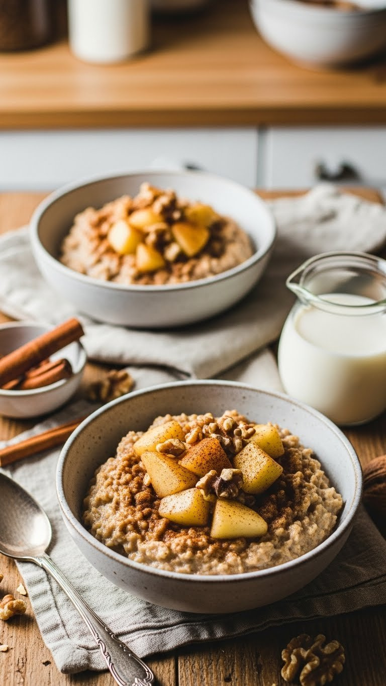 Warm Instant Pot Spiced Apple Oatmeal With Maple Syrup, Cinnamon, And Walnuts In A Ceramic Bowl On A Rustic Wooden Table With Golden Hour Light.