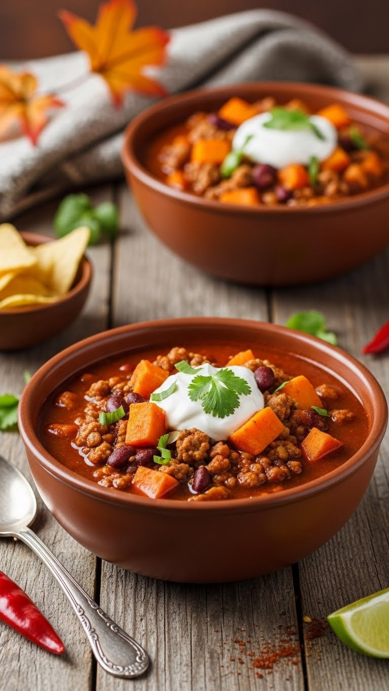 Warm Instant Pot Sweet Potato Chili With Beans, Ground Meat, Sour Cream, And Fresh Cilantro In A Terracotta Bowl.