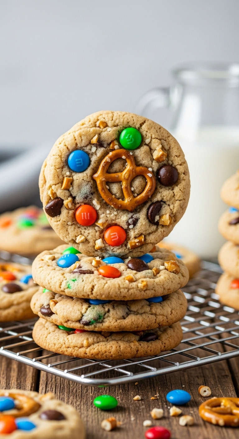 Warm M&Amp;M's And Pretzel Chocolate Chip Cookies On A Cooling Rack, Showcasing Colorful Candies, Pretzels, Soft Light.