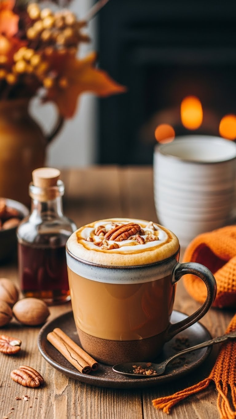 Warm Maple Pecan Latte With Chopped Pecans In Rustic Ceramic Mug On Wooden Table With Autumn Decor