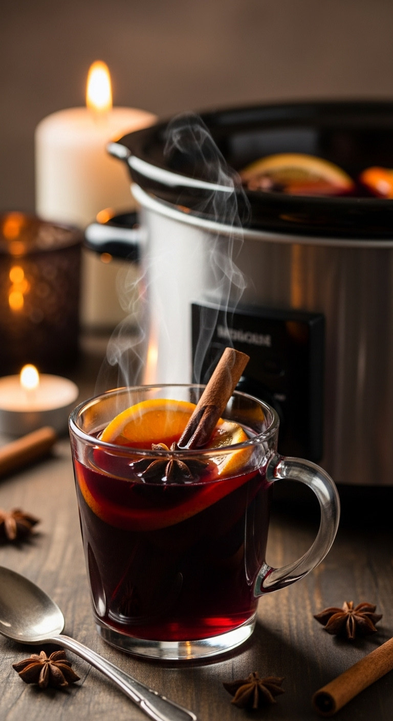 Warm Mulled Wine Garnished With Orange And Cinnamon Stick In A Glass Mug With A Slow Cooker Background