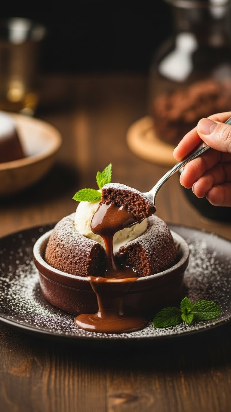 Warm Nutella Lava Cake Oozing Rich Filling, Powdered Sugar, Vanilla Ice Cream In Ramekin On Rustic Wood.