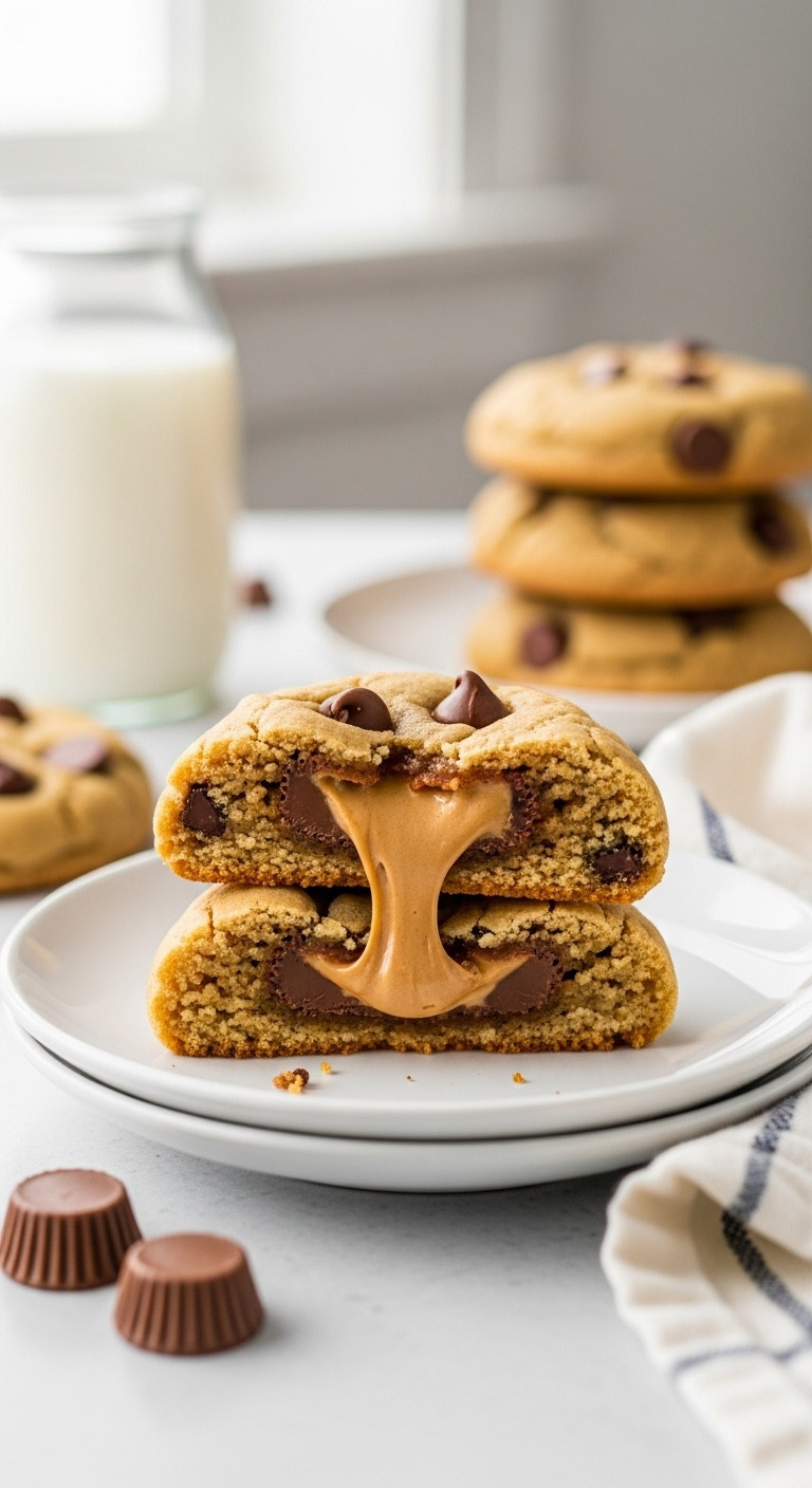 Warm Reese's Peanut Butter Cup Stuffed Cookie Broken In Half, Revealing Gooey Center, Chocolate Chips, Soft Natural Light.