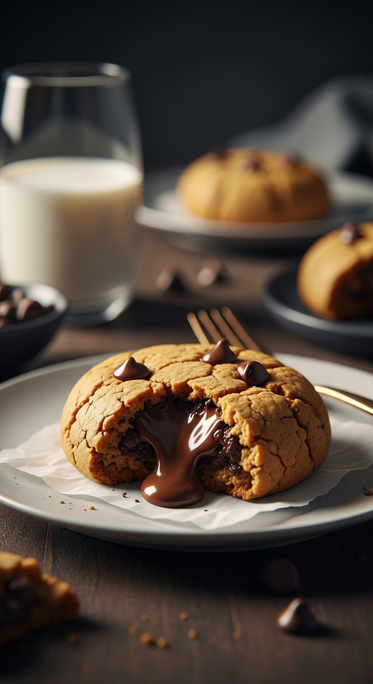 Warm Air Fried Chocolate Chip Cookie On Parchment Paper With A Glass Of Milk And Loose Chocolate Chips