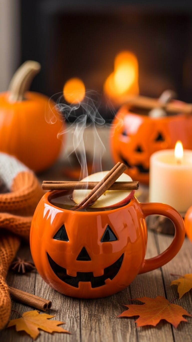 Warm Amber Jack-O'-Lantern Spiced Cider In Pumpkin Mug With Cinnamon Stick Garnish On Rustic Autumn Table