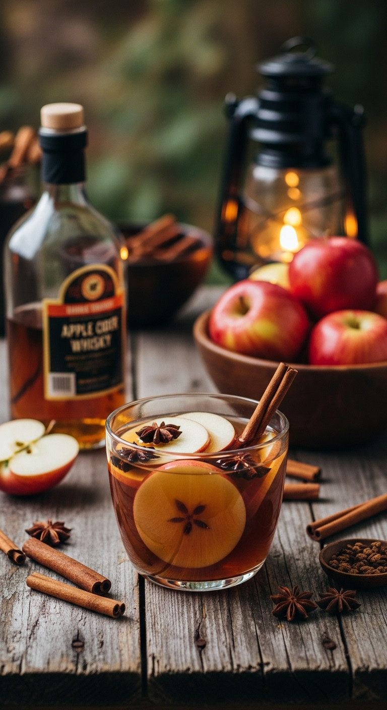 Warm Amber Poison Apple Punch With Floating Apple Slices, Cinnamon Sticks, And Star Anise In A Rustic Punch Bowl.