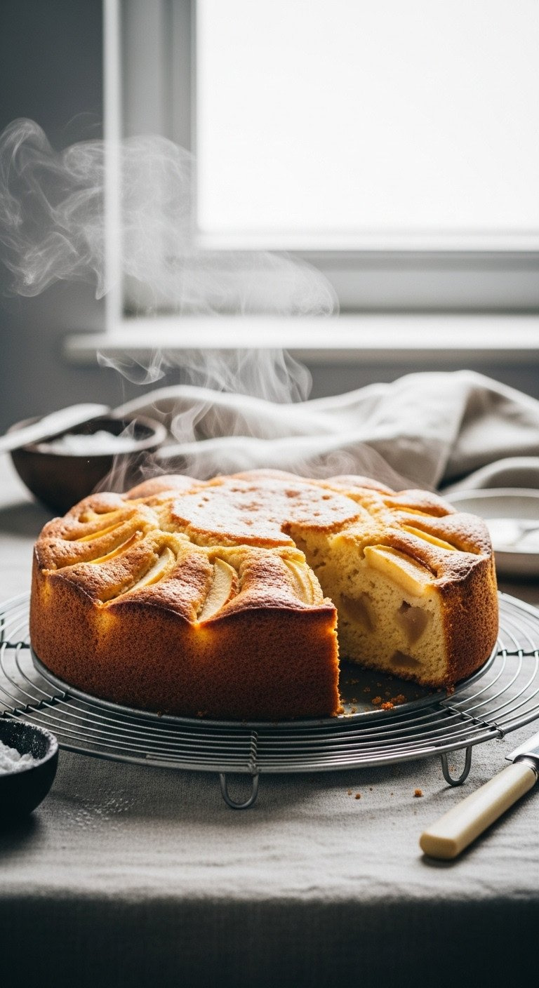 Warm Apple Cake On Cooling Rack, Steam Rising, Golden Exterior, Tender Baked Apples. Homemade Dessert.