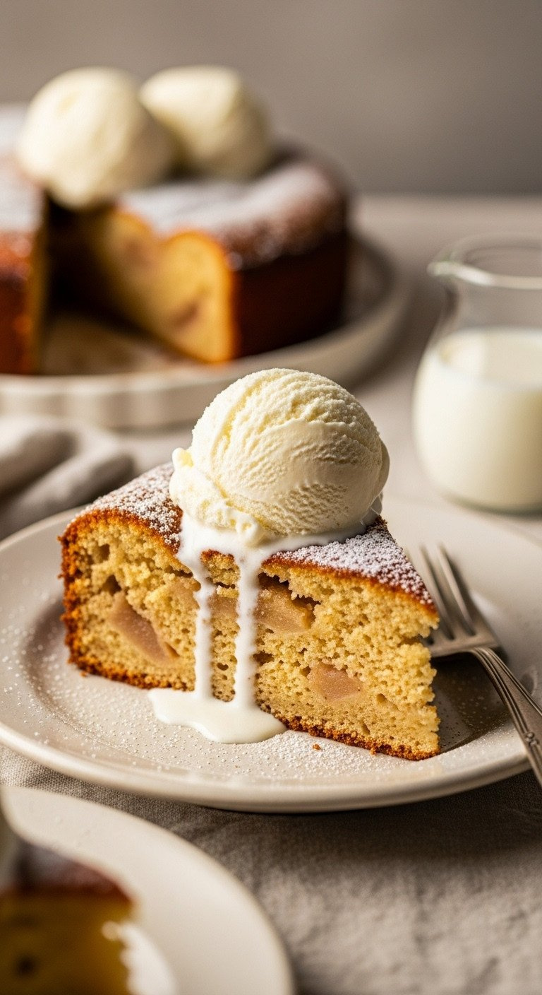 Warm Apple Cake Slice, Tender Apples, Cinnamon Swirl, Melting Vanilla Ice Cream, Powdered Sugar On Plate. Dessert.