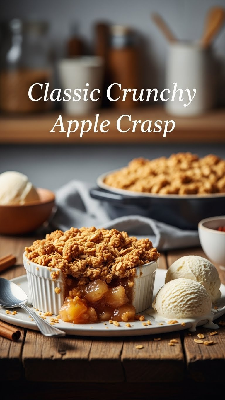 Warm Apple Crisp In A Ramekin With Golden Brown Oat Topping, Gooey Filling, And Melting Vanilla Ice Cream On A Rustic Table.