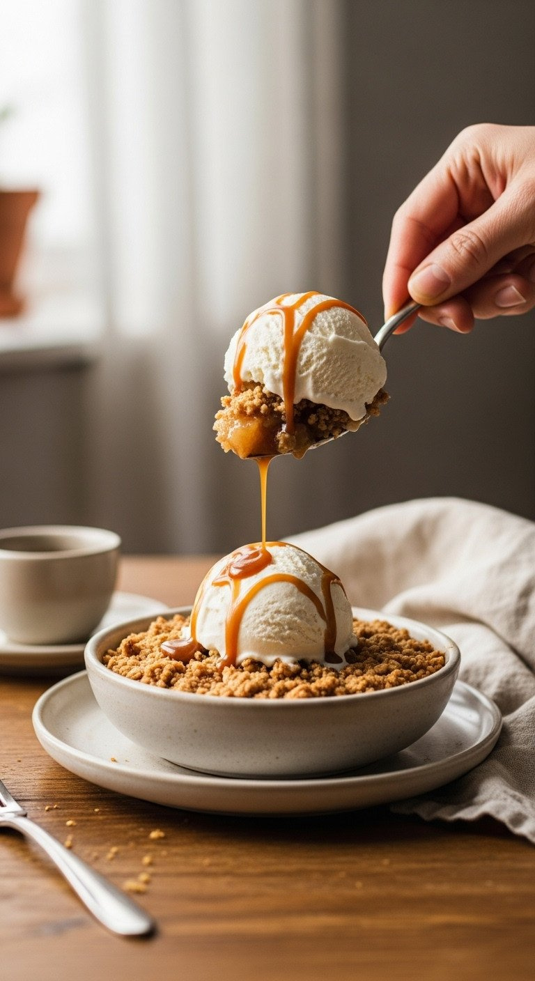 Warm Apple Crisp In Rustic Bowl, Melting Vanilla Ice Cream, Salted Caramel Drizzle On Wood Table. Cozy Dessert.