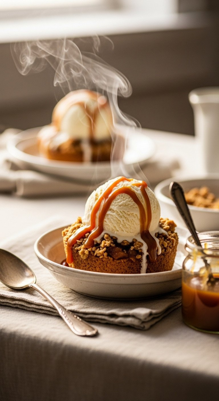 Warm Apple Crisp Scoop In A Vintage Bowl, Topped With Melting Vanilla Ice Cream And Caramel Drizzle. Steam Rises For A Cozy Dessert.