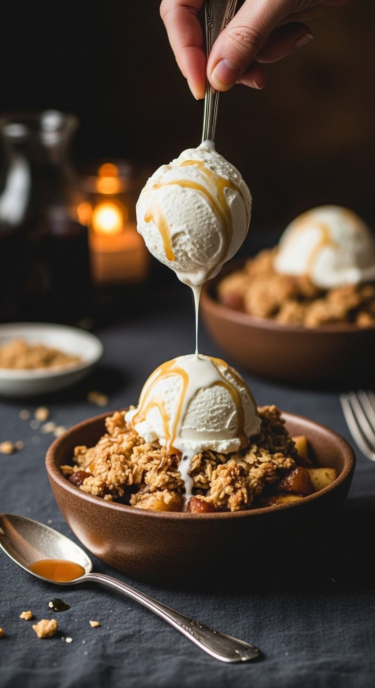 Warm Apple Crisp With Melting Vanilla Bean Ice Cream And Caramel In A Rustic Bowl. Indulgent Dessert.