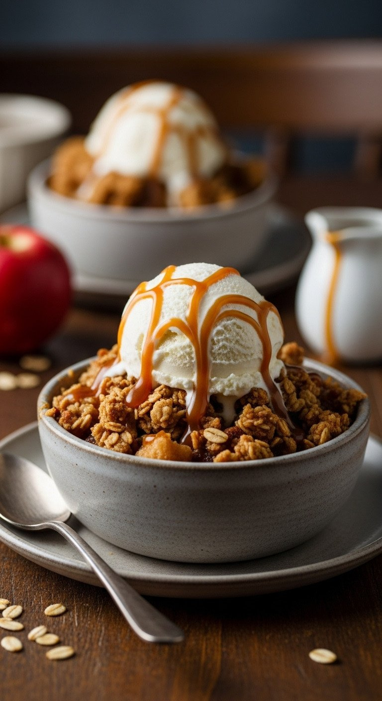 Warm Apple Crisp With Melting Vanilla Bean Ice Cream &Amp; Caramel Drizzle In A Rustic Bowl On A Dark Wood Table.